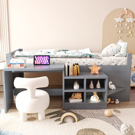 Lit mezzanine 90x200 cm en bois gris avec rangements, bureau et prises électriques norme européenne, sans matelas (1/5)