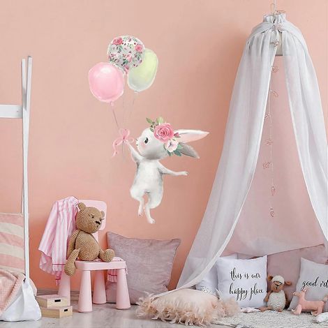 Sticker mural décoratif lapin rose mignon jouant avec un ballon, en PVC amovible, pour chambre d'enfant (garçons et filles). Décoration murale pour chambre de bébé. (1/5)