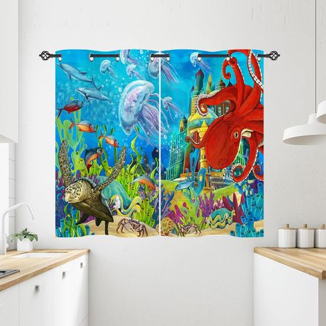 Rideau Occultant Océan Château Pieuvre Tenture Opaque à Oeillets Draperies Intérieurs Rideau Thermique Isolant pour Maison Chambre Salon Fenetre 2 Pièces L 71 x H 138 cm - 71L X 138H cm (2 Panneaux) (1/5)
