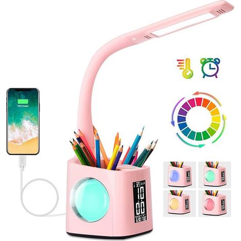 Lampe de bureau LED enfant, intensité variable, horloge, veilleuse 256 RGB, port USB, 3 niveaux luminosité, réveil, rose. (1/5)
