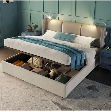 Bettgestell 140x200 cm Beige aus Leinen mit Stauraum, Leselicht, USB-Ladefunktion und Lattenrost (1/5)