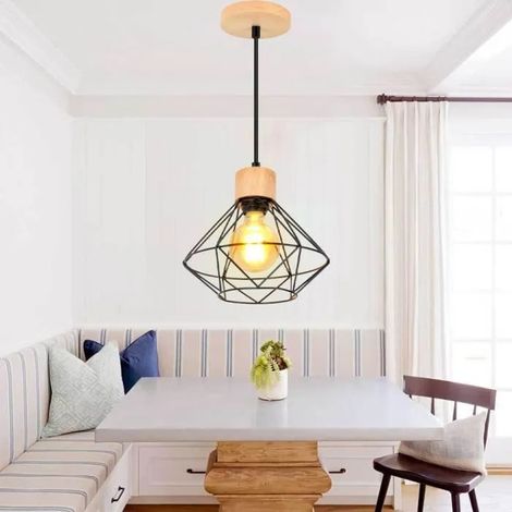 Suspension Luminaire Exquise Vintage Lustre Abat-Jour Cage Diamant Fer Noir Lampe Bois Salon - - Fusion (1/4)