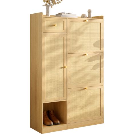 Meuble à chaussures à 3 abattants, 1 tiroir et 1 porte, design en résine tressée, format étroit pour entrée et petits espaces, plateau pratique, CHICFURN (1/5)