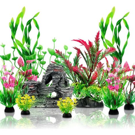 Aquarium Decoration Plante, Plantes Artificielle Aquarium Deco et Rocher Polyrésine Grotte Ornement, Cachette Décoration pour Aquarium Poissons, 12 Pièces