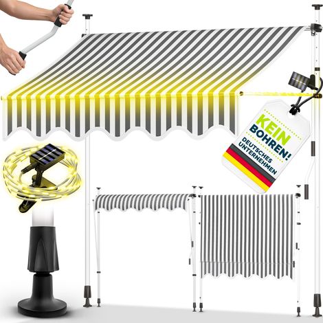tillvex Klemmmarkise 300 cm Grau/Weiß mit LED mit Handkurbel Balkon  Balkonmarkise ohne Bohren  Markise UV-beständig & höhenverstellbar  Sonnenschutz wasserdicht