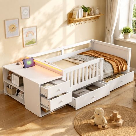 Letto per bambini 90x200 cm con contenitore laterale, presa, LED e 2 cassetti bianco (1/5)