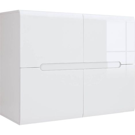Meuble de rangement commode à 4 portes,coloris Blanc/Blanc haute brillance - Longueur 105 x Profondeur 41 x Hauteur 84 cm
