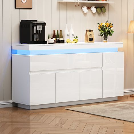 Aparador 140x35x72.5 cm con dos cajones cuatro puertas con LED Material de tableros de partículas color blanco (1/5)