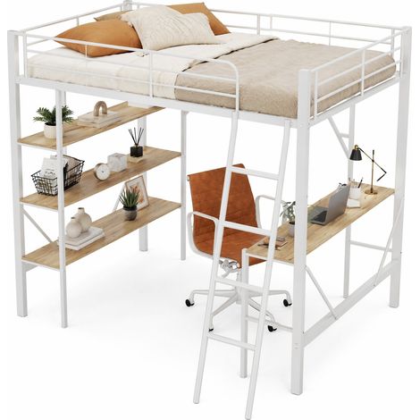 Lit mezzanine 90 x 200 cm en métal et MDF avec bureau, 3 étagères, échelle et garde-corps, gain de place pour chambre, ado ou adulte, blanc - CHICFURN (1/5)