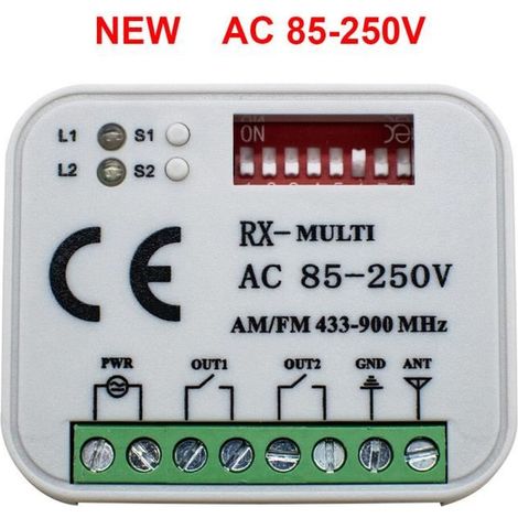 1 récepteur universel pour porte de garage, multifréquence 300-900 MHz, compatible télécommandes rolling code, fixe et apprentissage, usage domotique et sécurité