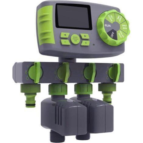 Ordinateur d'arrosage de jardin, minuterie automatique de tuyau d'arrosage à 4 zones avec contrôleur de système d'irrigation à 2 électrovannes, vert et gris (1/5)