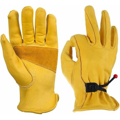 Safety Gardening Gloves with Work Grip, with Buckle and Wrist Adhesive Tape, 1 Pair in Cowhide Fiber-Yellow L (1/5)