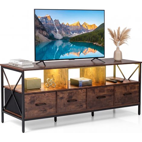 Meuble TV avec Éclairage LED, pour TV jusqu’à 80 Pouces Meuble TV avec 4 Tiroirs Amovibles et 3 Compartiments, Cadre Métallique Renforcé, Marron (1/5)