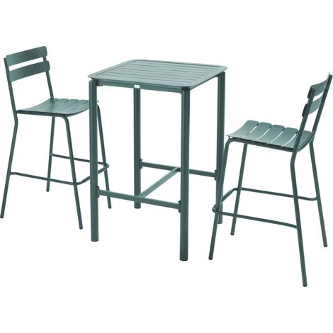 Table haute de terrasse avec 2 chaises en aluminium vert foncé