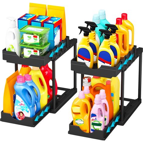Set of 2 Under Sink Organizers – 2-Tier Sliding Under Sink Organizer, Under Sink Storage Shelf, Sliding Drawer for Kitchen, Bathroom, Black (1/4)