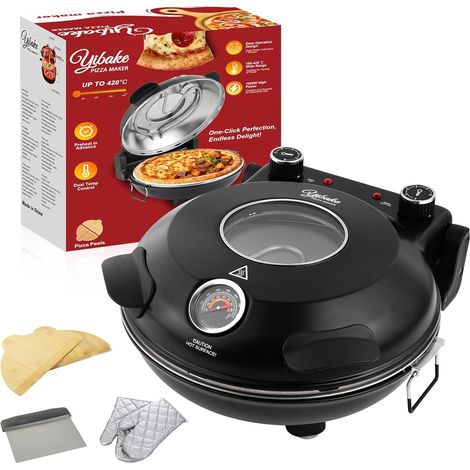 Four à Pizza Électrique, Cuit une Pizza en 4 minutes, Plaque en Pierre Réfractaire de 31cm, Max 420°C, 1200W, Pelle à Pizza, Grattoir et Recettes inclus, Noir (1/5)