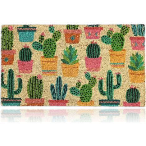 Relaxdays Cactus Plants Coir Doormat, HxWxD: 75 x 42 cm, Non-Slip, Indoor Outdoor, Coconut, PVC, Multicoloured (1/5)
