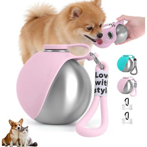 Gourde pour Chien avec Bol Pliable en Silicone 285ml - Étanche - Rose (1/5)