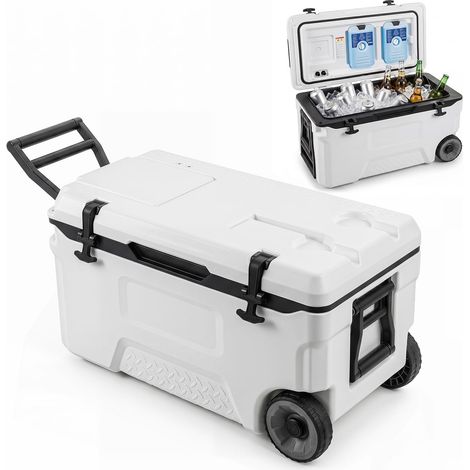 COSTWAY Glacière Isotherme Portable 50L/70L, Glacière Rigide à roulettes avec Orifice de Sortie Emplacement du Gobelet, Rétention de Glace de 6 Jours pour Camping Pique-Nique Pêche (Blanc,50 L) (1/5)