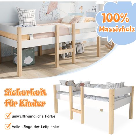Lit enfant 90x190 cm en pin massif blanc et chêne avec tiroir et barrière de sécurité