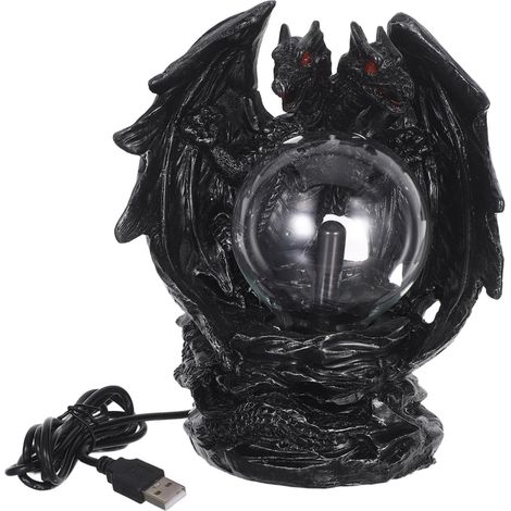 Lampe Boule Plasma Dragon Médiévale Double Tête USB Électrostatique Décor Horreur Interactive Éclairage Coloré pour Halloween et Décoration Fantasy (1/5)