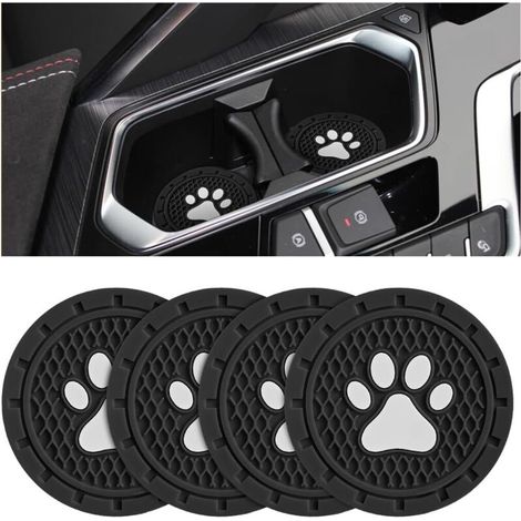 Lot de 4 dessous de verre antidérapants en PVC avec motif patte de chien, tapis de boisson universels de 7 cm, accessoires intérieurs pour SUV, camions, camping-cars et plus (noir) (1/4)