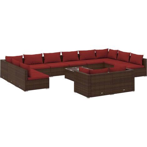 Salon de jardin meuble d'extérieur ensemble de mobilier 13 pièces avec coussins marron résine tressée (1/5)