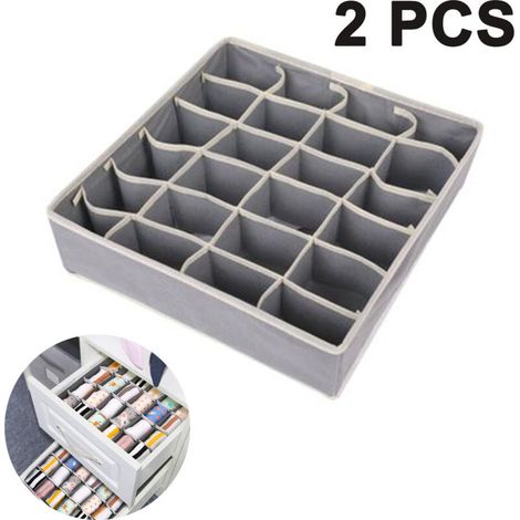 Lot de 2 boîtes de rangement pour sous-vêtements et autres petits accessoires, séparateurs de tiroirs pliables à 24 cellules pour le rangement de chaussettes, écharpes, soutiens-gorge, gris (1/4)