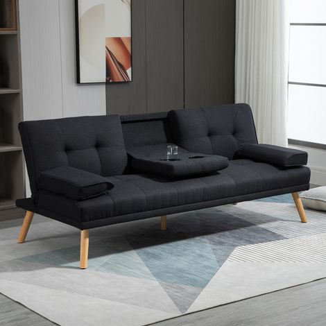 Canapé convertible 3 places en polyester gris 181 cm avec dossier réglable, tablette pliante et porte-gobelets (1/5)