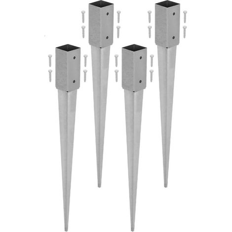 KOTARBAU®  Lot de 4 Support de Poteau Bois - Acier Galvanisé - 75 cm - Argent - 61 x 61 mm - Support Poteau à Enfoncer - pour Clôture et Pavillon - Résistant à la Corrosion (1/5)