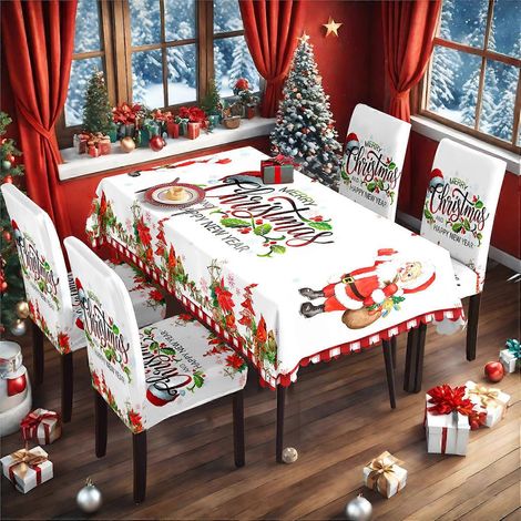 Ensemble de décoration de table en tissu pour Noël, motif flocons de neige, nappe et housses de chaises TC-344 (nappe imperméable 140 x 210 cm + 4 housses de chaises) (1/3)