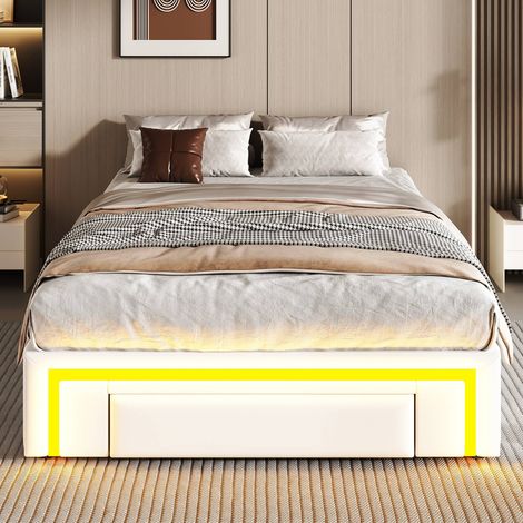 Lit plateforme 90 x 200 cm en similicuir blanc avec tiroirs, tête de lit led et sommiers métalliques (1/5)