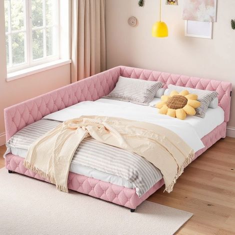 Letto matrimoniale 140x200cm - Testata in velluto - Illuminazione LED - Design a bolla - Rosa