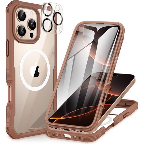 Magnétique Coque iPhone 16 Pro, Compatible avec MagSafe intégré Verre Trempé Protection écran et Protecteur Caméra, 360° Antichoc Téléphone Housse Double Case Intégrale Etui -Marron Désert (1/5)