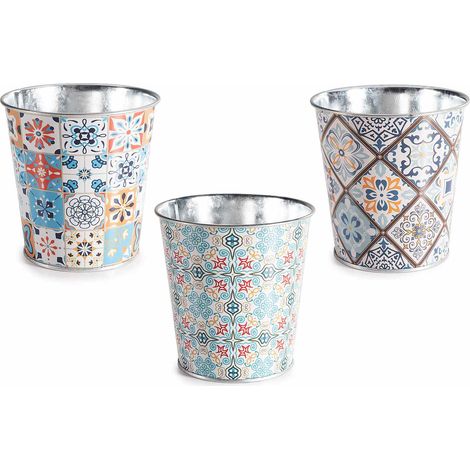 Petits pots en métal imprimé majolique coloré, lot de 9, diam. 10 cm x H. 10 cm