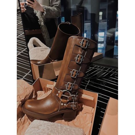 Bottes d'équitation femme mi-mollet vintage, boucle carrée, bout carré, talon bloc, bottes moto à enfiler (1/5)