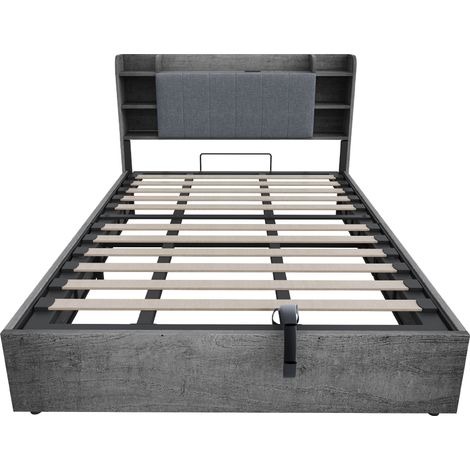 Lit coffre hydraulique 180 x 200 cm avec rangements tête de lit USB Type-C gris MODENUIT (1/5)