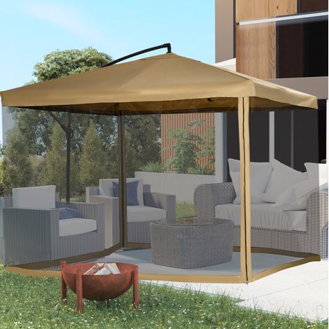 Parasol de jardin acier beige 295 x 295 cm avec manivelle, inclinaison, aération, moustiquaire et base (1/5)