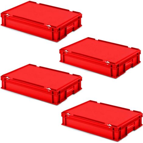 BRB 4 récipients avec couvercle à charnière et fermetures coulissantes, L 600 x l 400 x H 130 mm, rouge