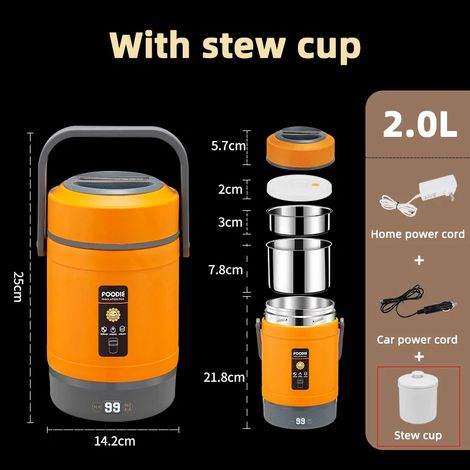 Cuiseur à riz multifonction pour voiture (orange, avec cocotte) 12 V, cuve intérieure double paroi en acier inoxydable 304, boîte à lunch isotherme (1/4)