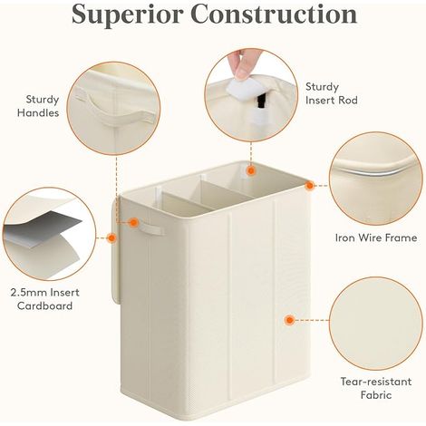 Laundry Basket with Lid, Handles, Dirty Bin Removable Bags, Bedroom, Bathroom, Room, White (1/4)