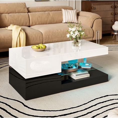 Mesa de centro con LED, estante de vidrio, acabado brillante, negro y blanco 90x45x35,5 cm DESVIAE (1/5)