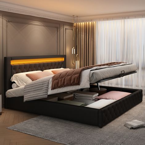 Cama tapizada 140 x 190 cm con somier de láminas, almacenaje hidráulico y LED, negro, PU (1/5)