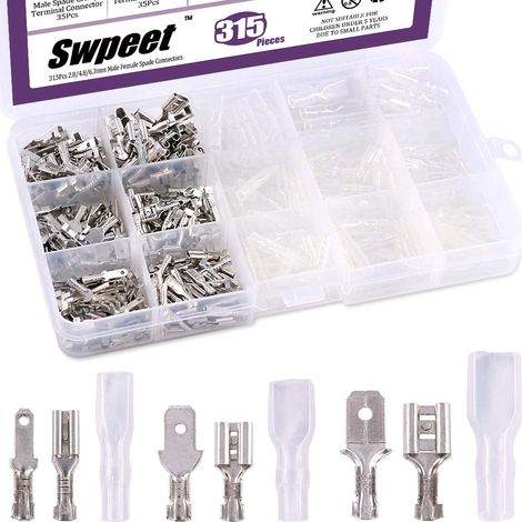 Kit surtido de 315 conectores rápidos tipo pala macho y hembra de 2,8/4,8/6,3 mm con bloque de terminales de crimpado y funda aislante, perfecto para cableado eléctrico. (1/5)