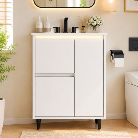61 × 46,5 × 87 cm, meuble-lavabo de salle de bains sur pied, surface entièrement laquée, vasque en céramique intégrée, charnières à fermeture amortie, deux tiroirs, pieds hauts, blanc (1/5)