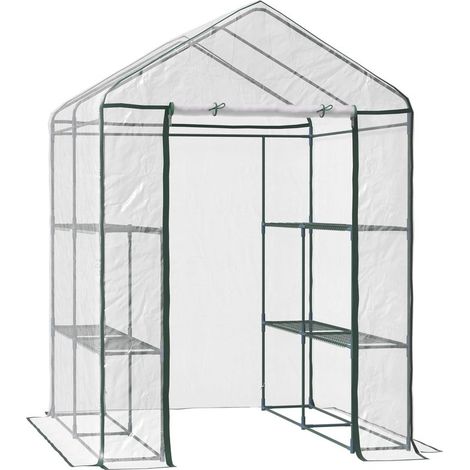 Serre d'extérieur à 3 niveaux avec étagères, structure en acier, bâche en PVC pour la culture de plantes, fleurs et légumes, 143 x 143 x 195 cm, translucide et verte (1/5)