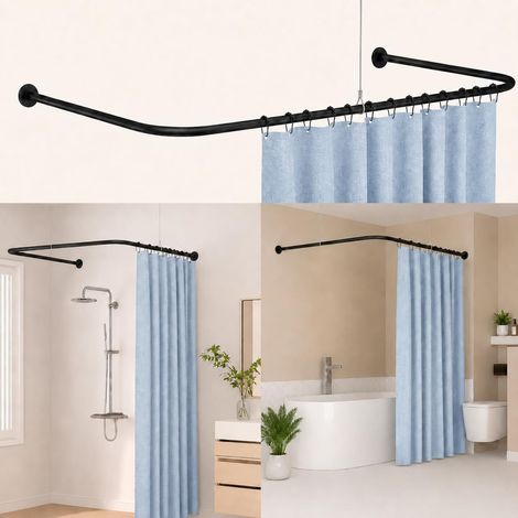 Tringle à Rideau De Douche En U/L, Tringle à Rideau De Douche d'angle rétractable Noire. 75 × (150-190) × 75 cm. Convient Pour Les Salles De Bains, Les Vestiaires Et Les Magasins De Vêtements. (1/5)
