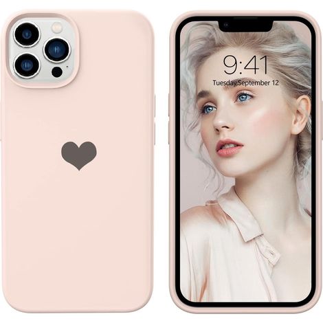 CUSTODIA IN SILICONE PER APPLE IPHONE 13 PRO MAX 6.7" ROSA CHIARO CUORE NERO (1/4)