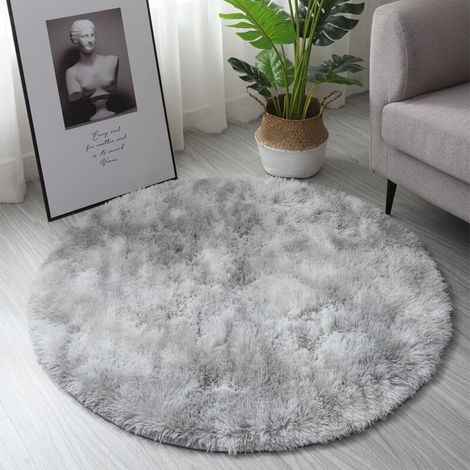 Tapis rond 100 cm gris argenté peluche tie-dye antidérapant et lavable pour salon chambre d’enfant bébé ou adolescents (1/5)