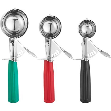 Three stainless steel cookie ice cream scoops – large, medium, and small baking spoons (cupcake spoons) – green, red, and black. (1/5)